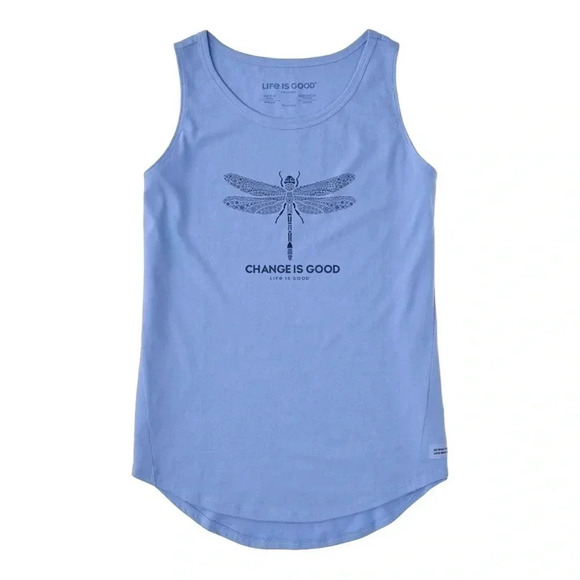 Life is Good Cornflower Blue Dragonfly Hi-Low Size MED Crusher Tank Women NWT - Picture 4 of 12